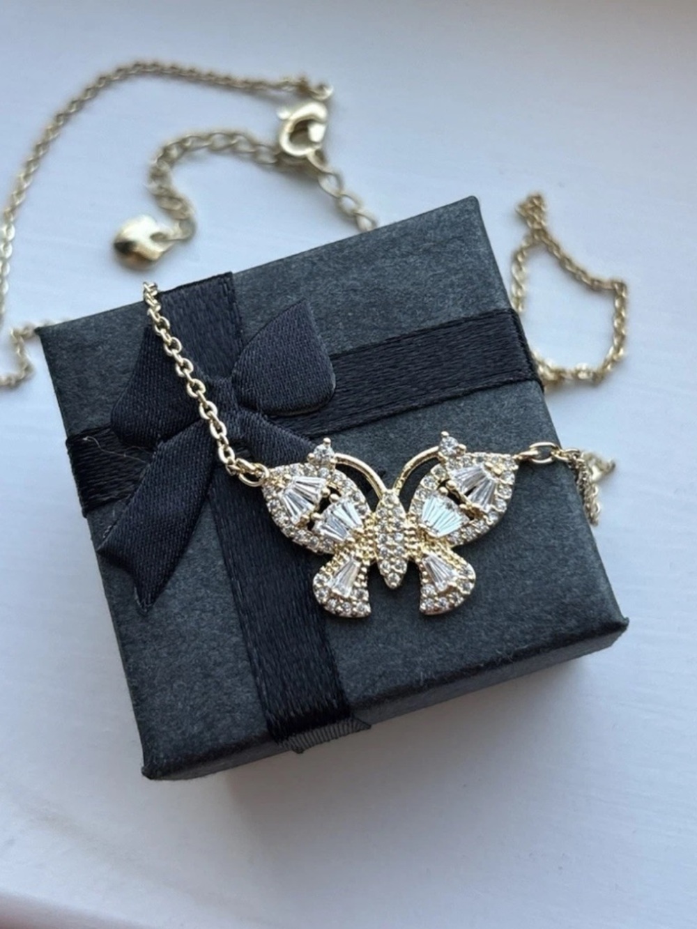 Gold Plated Crystal Butterfly Pendant Necklace Dainty Sparkle CZ Gift Ready